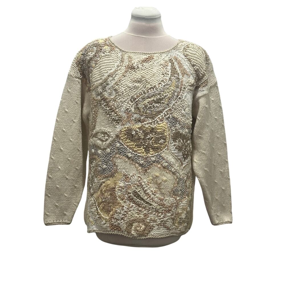 VINTAGE Casual Corner Limited KNITTED BY HAND Cream Chunky Paisley Sweater SMALL